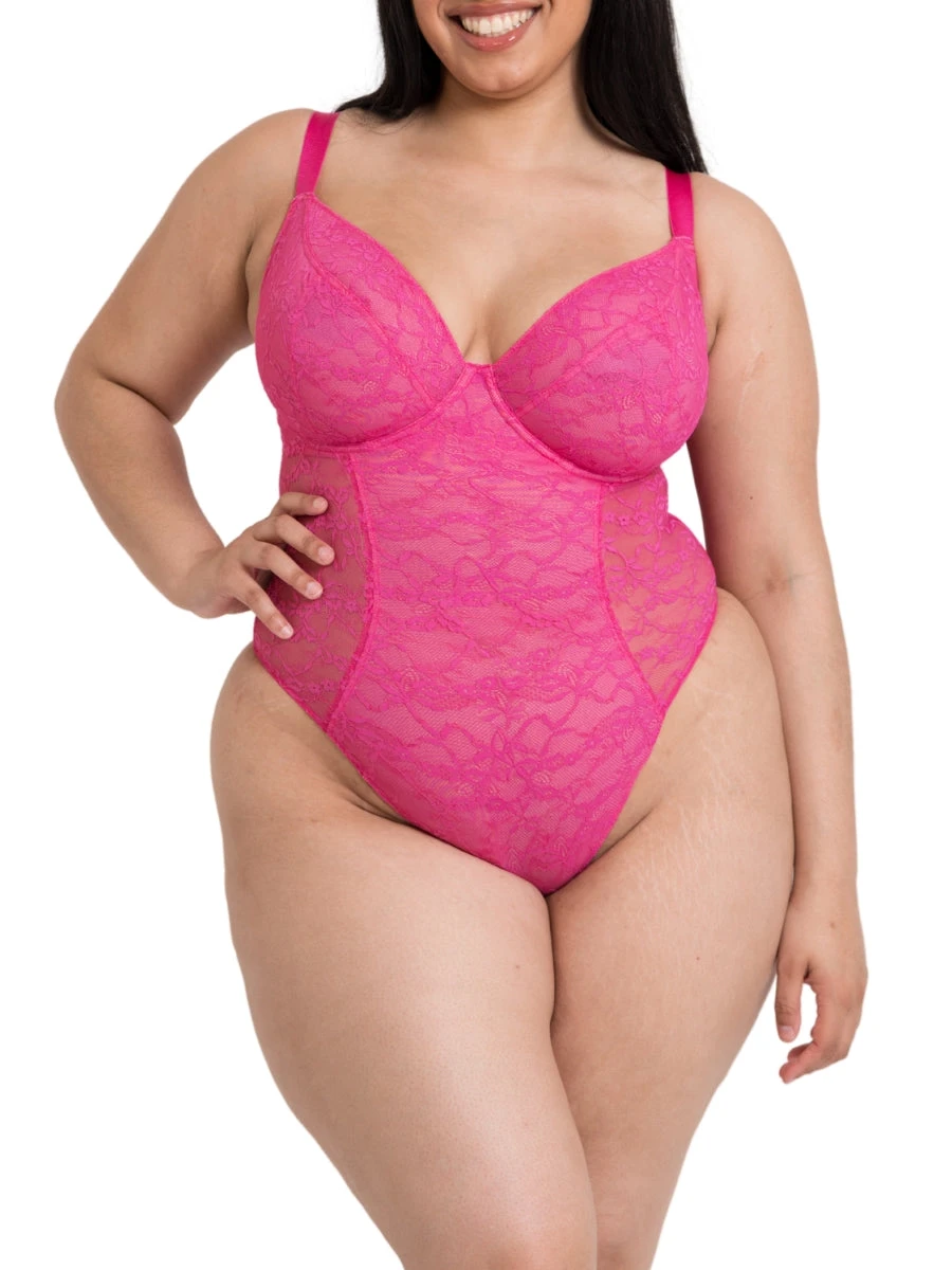 Curvy Kate All Night Lace Plunge Bodysuit - Hot Pink/Blush